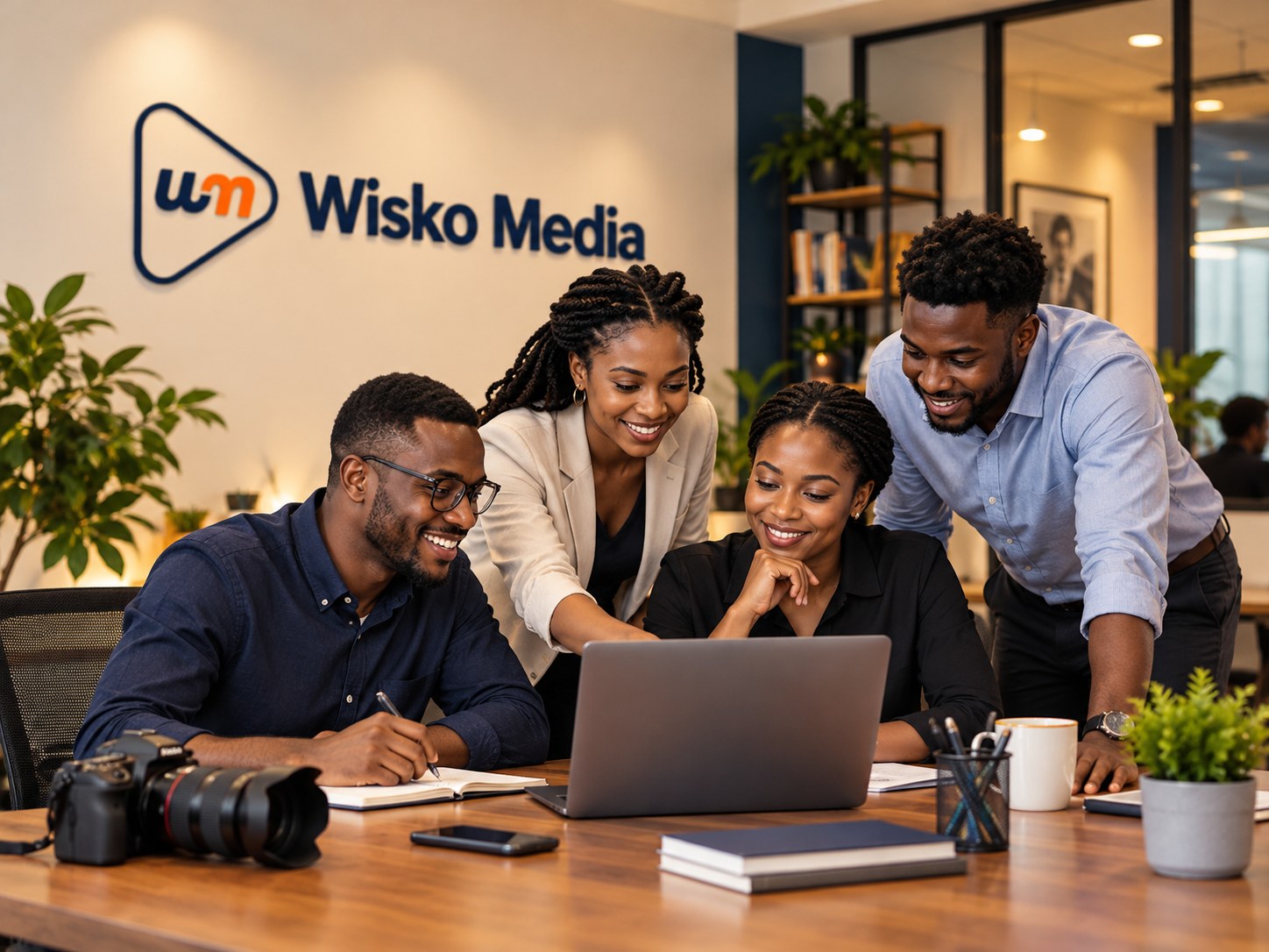 Équipe Wisko Media réunie autour d’un ordinateur dans le studio éditorial